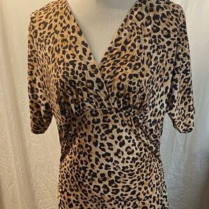LaBelle - Y2k Leopard Print V-Neck Bodycon Midi Dress - Tan and Black - L